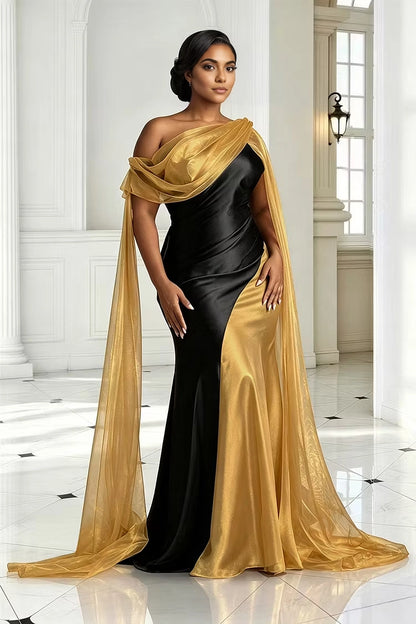 RoselleDress plus size evening gown black gold color block satin mermaid dress off shoulder draped gold tulle cape formal maxi dress