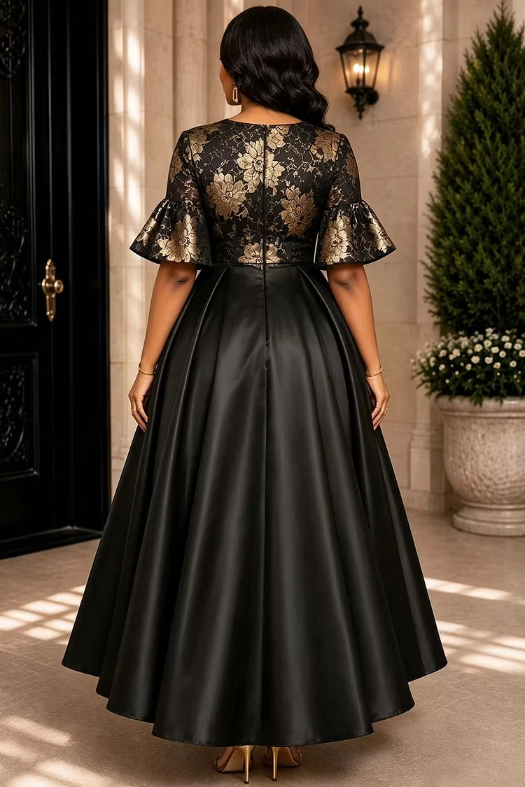 Back view RoselleDress black gold floral high low evening dress zip back flounce sleeve satin overlay elegant plus size mother of bride gown