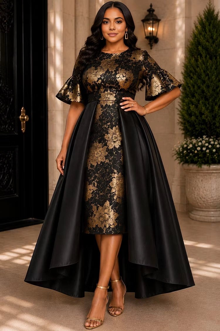RoselleDress plus size formal dress black gold floral jacquard high low gown round neck flounce sleeve overlay satin formal midi maxi dress