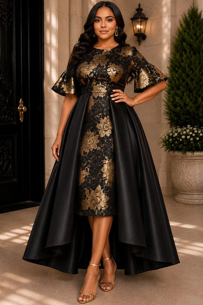 RoselleDress plus size formal dress black gold floral jacquard high low gown round neck flounce sleeve overlay satin formal midi maxi dress