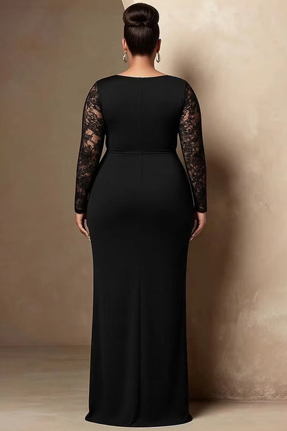 Back view RoselleDress black lace long sleeve formal gown zip back fitted mermaid silhouette elegant plus size wedding guest maxi dress