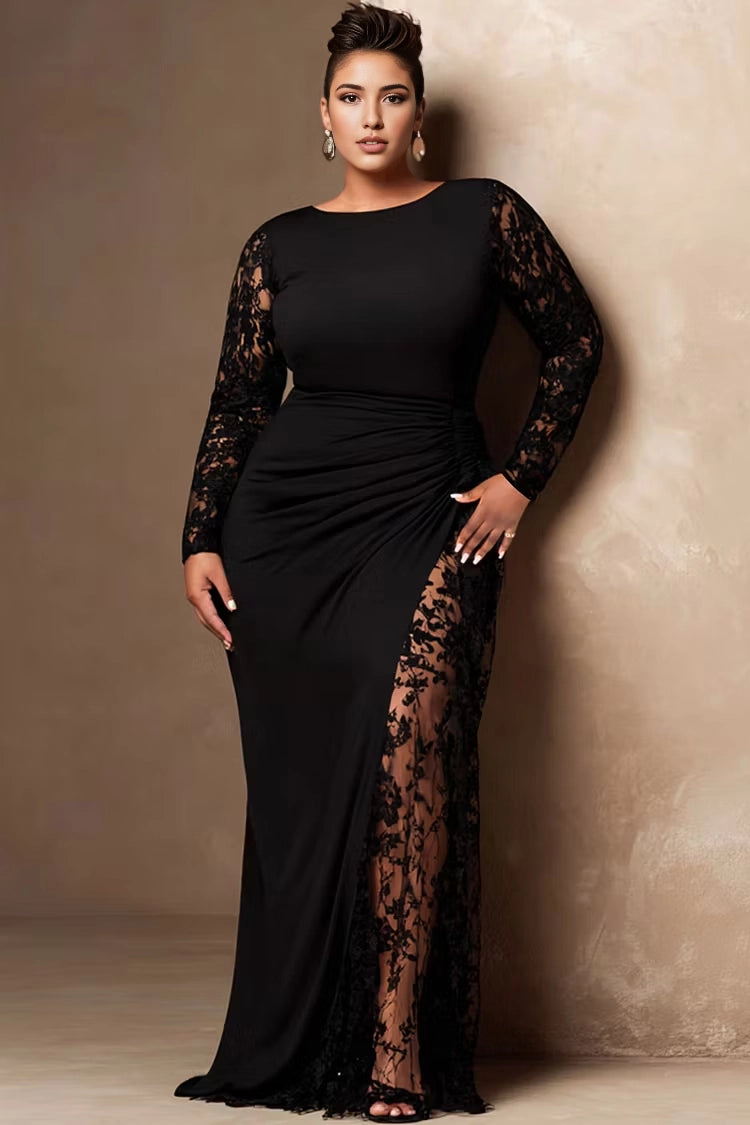 RoselleDress plus size black evening dress boat neck long floral lace sleeve mermaid gown ruched waist high lace slit formal maxi dress