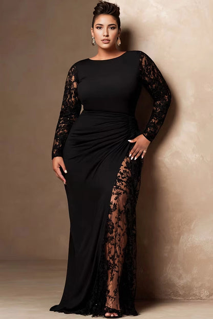 RoselleDress plus size black evening dress boat neck long floral lace sleeve mermaid gown ruched waist high lace slit formal maxi dress