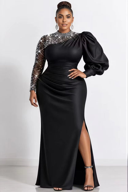 RoselleDress black plus size evening gown mermaid satin dress asymmetrical puff sleeve rhinestone mesh high neck high side slit formal dress