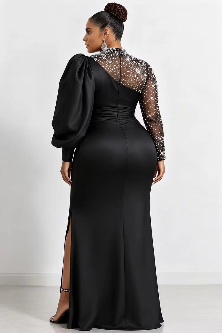 Back view RoselleDress black rhinestone mesh back mermaid maxi dress asymmetric sleeve ruched waist plus size formal party gown