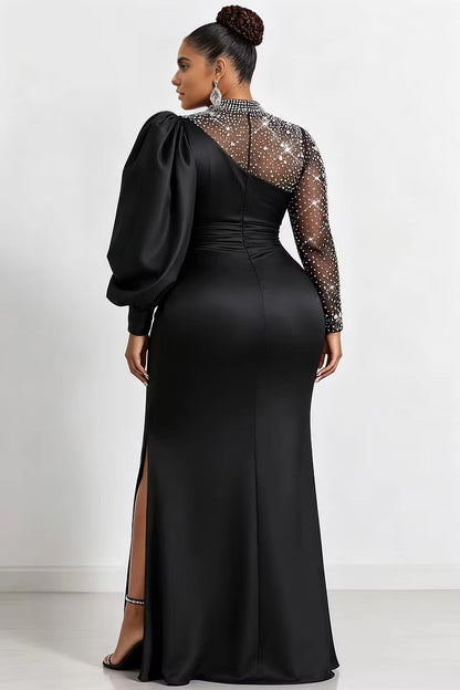 Back view RoselleDress black rhinestone mesh back mermaid maxi dress asymmetric sleeve ruched waist plus size formal party gown