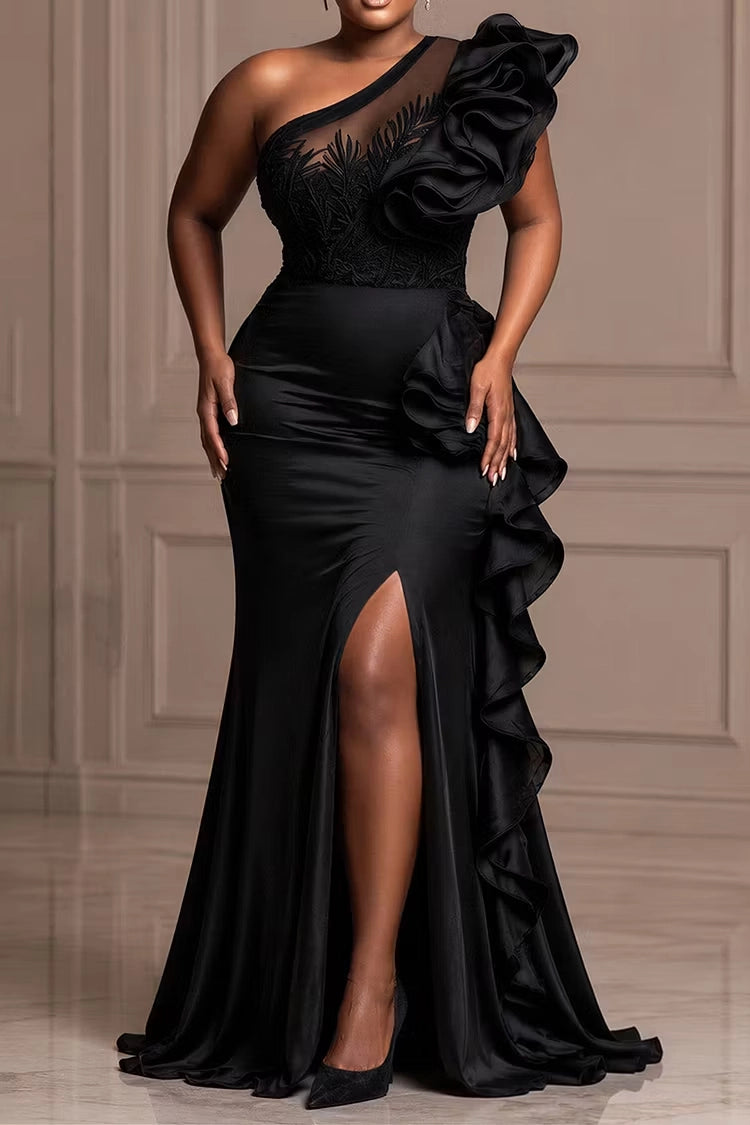 Roselledress Black Mermaid One Shoulder Lace Ruffle High Slit Satin Train Plus Size Prom Dress