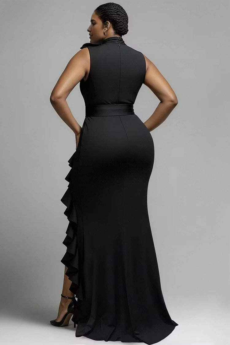 Back view RoselleDress fitted black mermaid gown high neck back zipper closure elegant plus size party maxi dress
