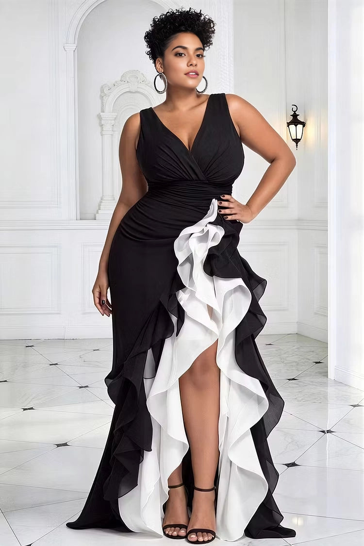 RoselleDress black white plus size evening gown sleeveless v-neck color block layered ruffle high slit mermaid formal dress