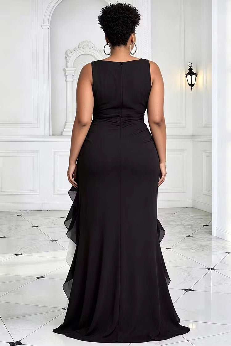 Back view RoselleDress two tone mermaid maxi dress ruched waist sleeveless plus size party prom gown with train