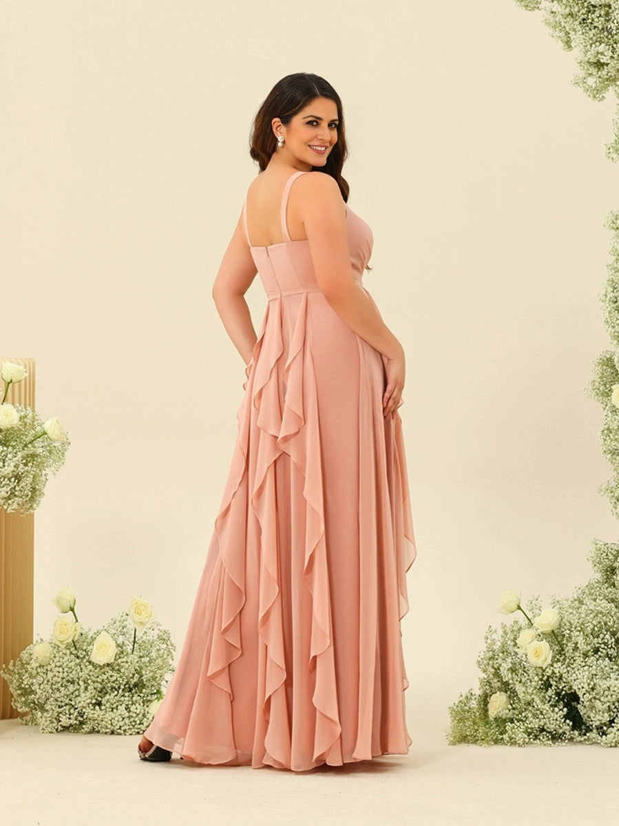 Back view RoselleDress blush sleeveless chiffon evening dress straight back zipper floor length plus size wedding guest maxi dress