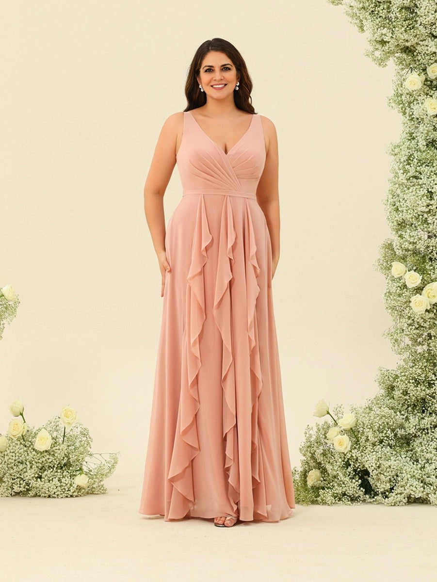 RoselleDress blush chiffon plus size mother of the bride dress V-neck spaghetti straps front ruffle a-line formal gown