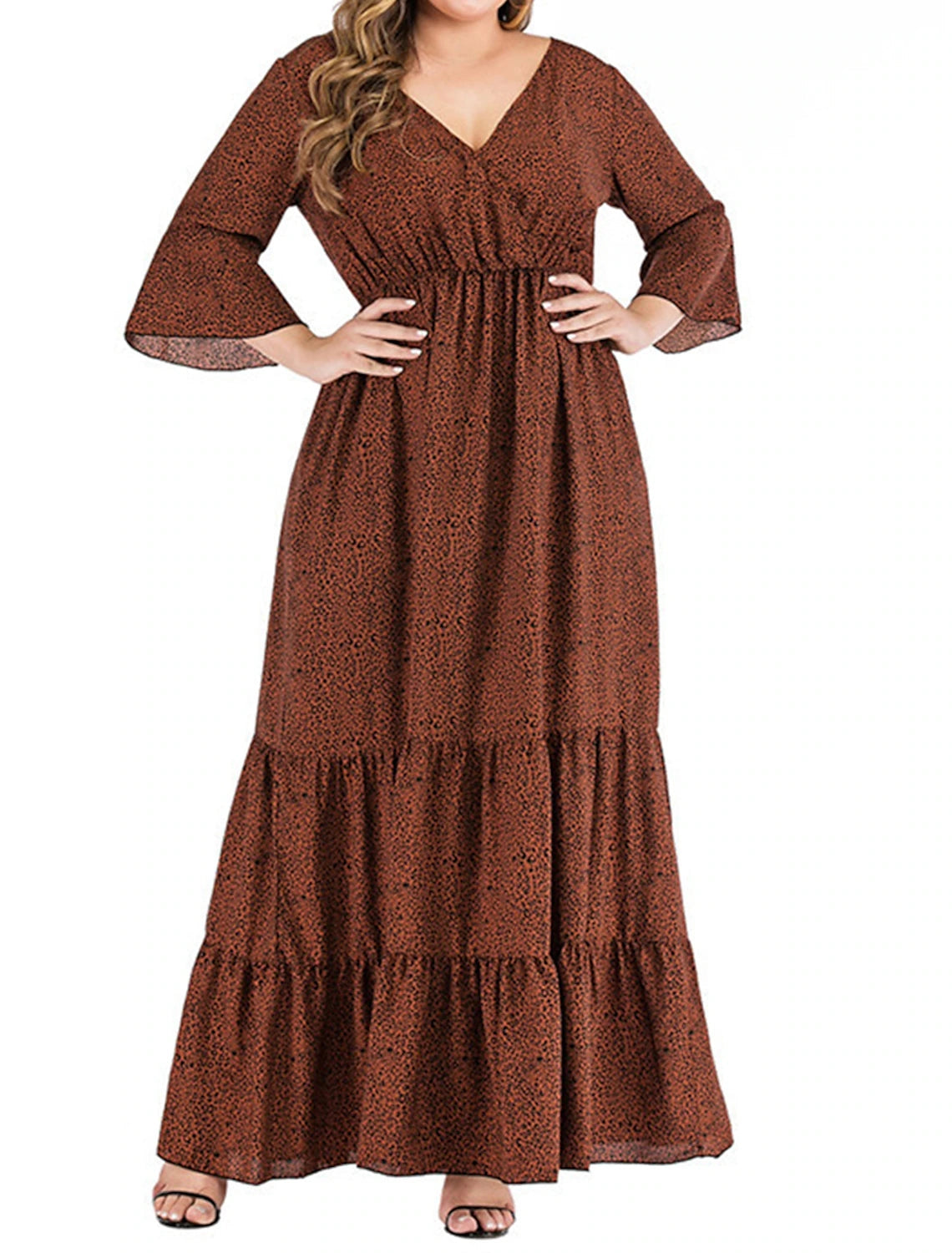 Roselledress brown printed plus size wedding guest dress v‑neck bell sleeve tiered a‑line maxi gown front view