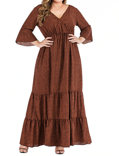 Roselledress brown printed plus size wedding guest dress v‑neck bell sleeve tiered a‑line maxi gown front view