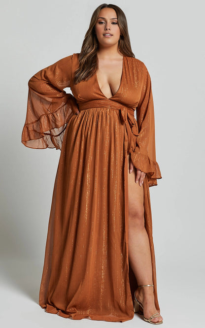 Roselledress caramel plus size maxi wedding guest dress v neck bell sleeve tie waist chiffon gown front view
