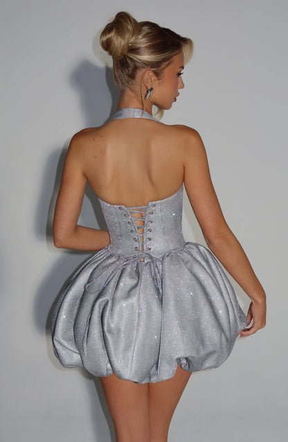 Sparkly Bubble Halter Sleeveless Lace Up Back Mini Homecoming Dress