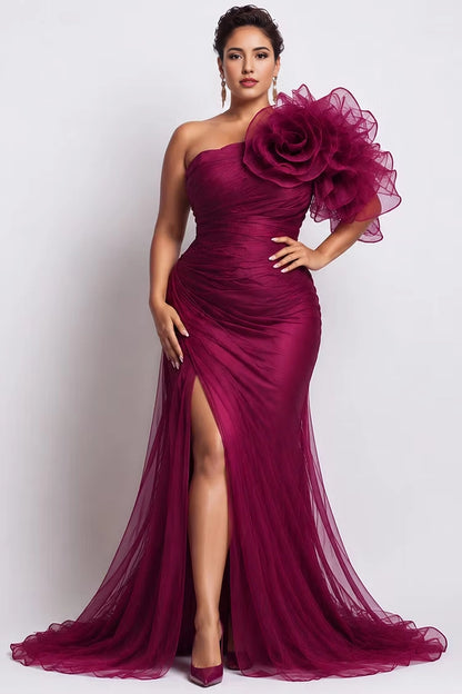 RoselleDress burgundy plus size prom gown one shoulder 3D floral tulle dress ruched waist high slit mermaid formal evening dress