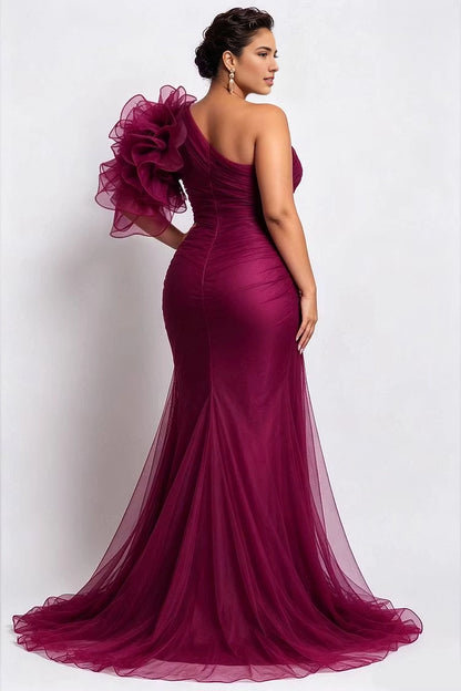 Back view RoselleDress one shoulder tulle mermaid maxi dress large 3D flower detail sweep train plus size wedding guest gown