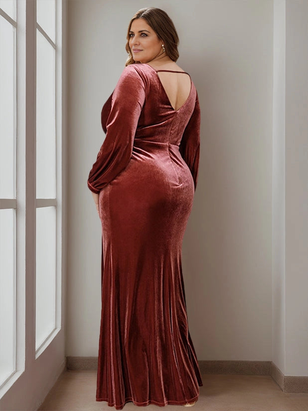 Back view RoselleDress wine red velvet formal dress thin strap v-back floor length plus size evening mother dress