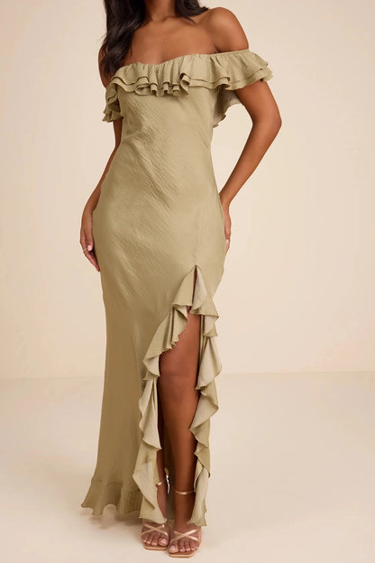 Flow Mermaid Off-Shoulder Plain Back Ruffled Long Prom Dress