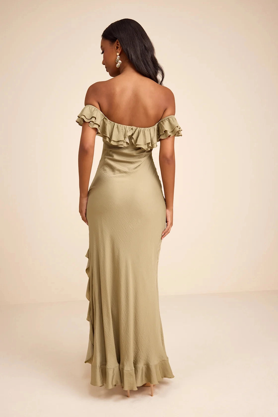 roselledress sage olive boho bridal gown seamless full plain low open back elastic ruffle off shoulder textured flowy fabric garden wedding guest dress full back view