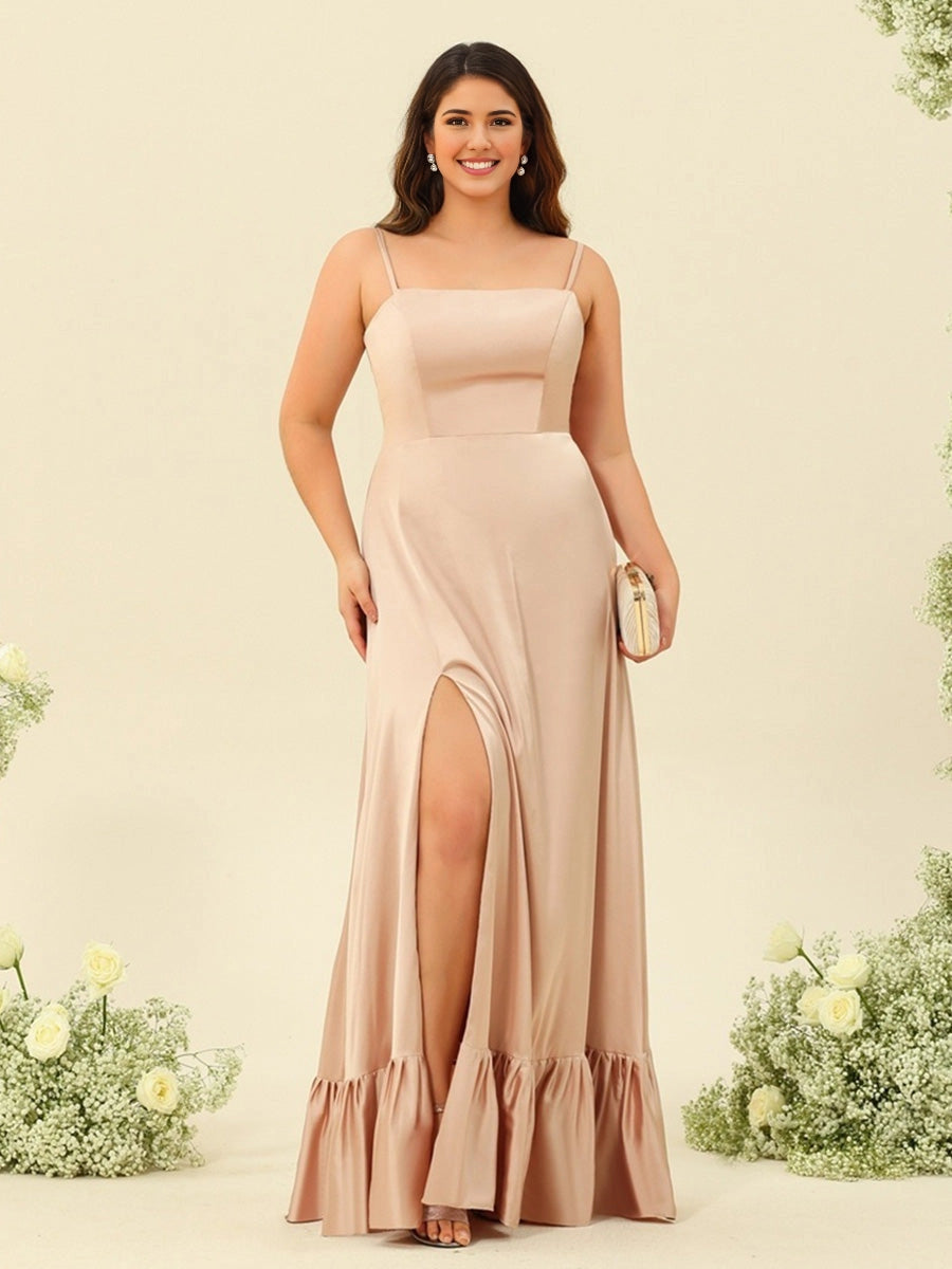 RoselleDress champagne satin plus size bridesmaid dress square neck spaghetti straps high side slit ruffle hem formal gown
