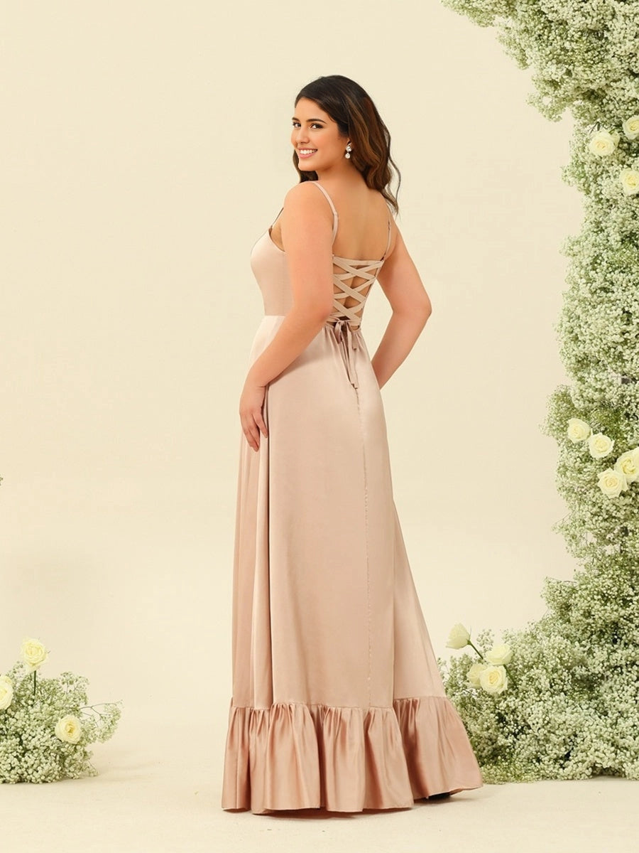 Back view RoselleDress champagne satin maxi dress crisscross lace-up adjustable tie back plus size wedding guest dress