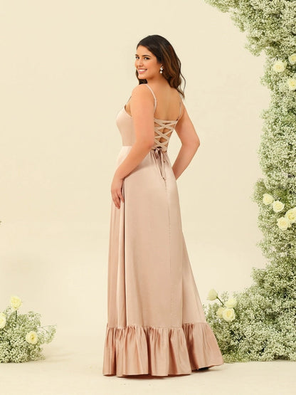 Back view RoselleDress champagne satin maxi dress crisscross lace-up adjustable tie back plus size wedding guest dress