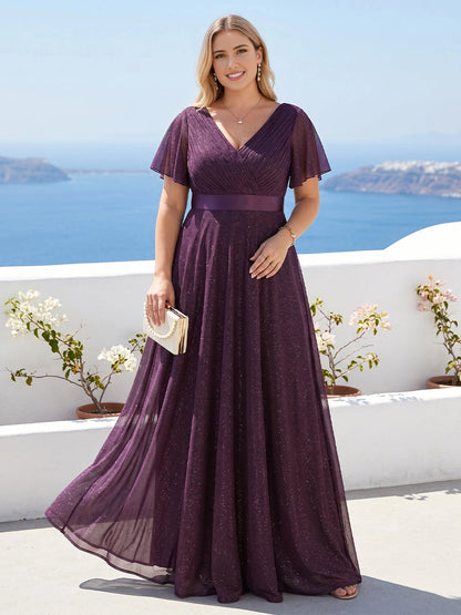 Roselledress plum plus size glitter tulle formal dress v neck flutter sleeve satin waistband maxi gown front view