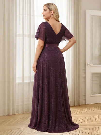 Roselledress dark purple plus size evening dress deep v back glitter chiffon mother of bride gown back view