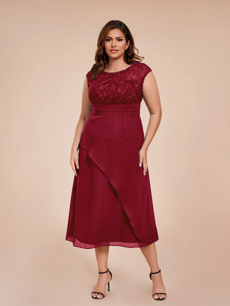 Roselledress plus size mother of the bride dress, charming a‑line burgundy lace chiffon midi dress with bateau cap sleeves