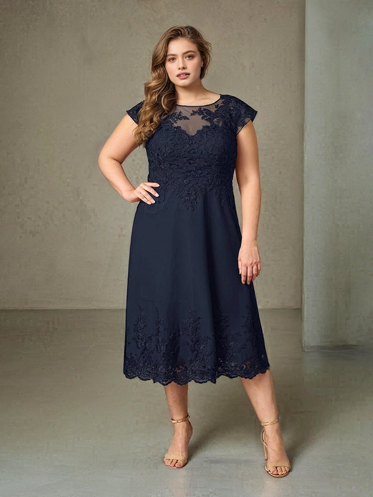 Roselledress plus size navy mother of the bride dress illusion neck cap sleeve midi lace formal gown