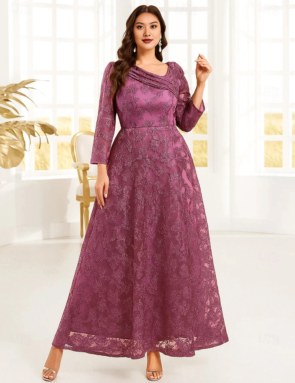 Roselledress mauve plus size mother of the bride dress front view, draped asymmetrical neck 3/4 sleeve glitter lace a-line formal maxi gown