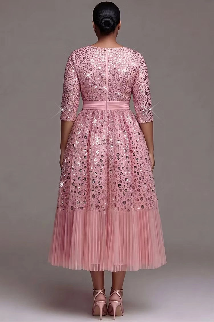 Roselledress sequin tulle mother of the bride dress plus size back zipper waist sash A-line midi gown back view