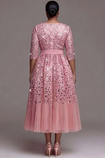 Roselledress sequin tulle mother of the bride dress plus size back zipper waist sash A-line midi gown back view