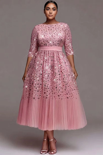 Roselledress pink plus size midi dress boat neck three quarter sleeve dot sequin tulle pleated hem formal cocktail dress front view