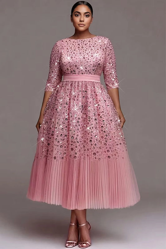 Roselledress pink plus size midi dress boat neck three quarter sleeve dot sequin tulle pleated hem formal cocktail dress front view