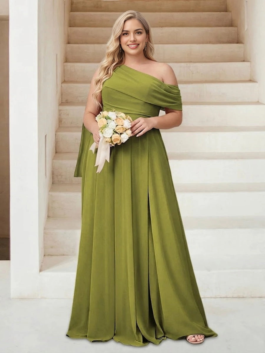 Roselledress olive green plus size bridesmaid dress one shoulder draped chiffon gown with side slit front view