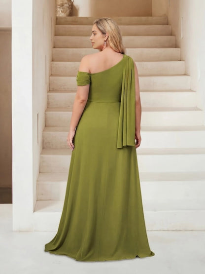 Roselledress olive plus size formal maxi dress one shoulder trailing sash back wedding guest dress back view