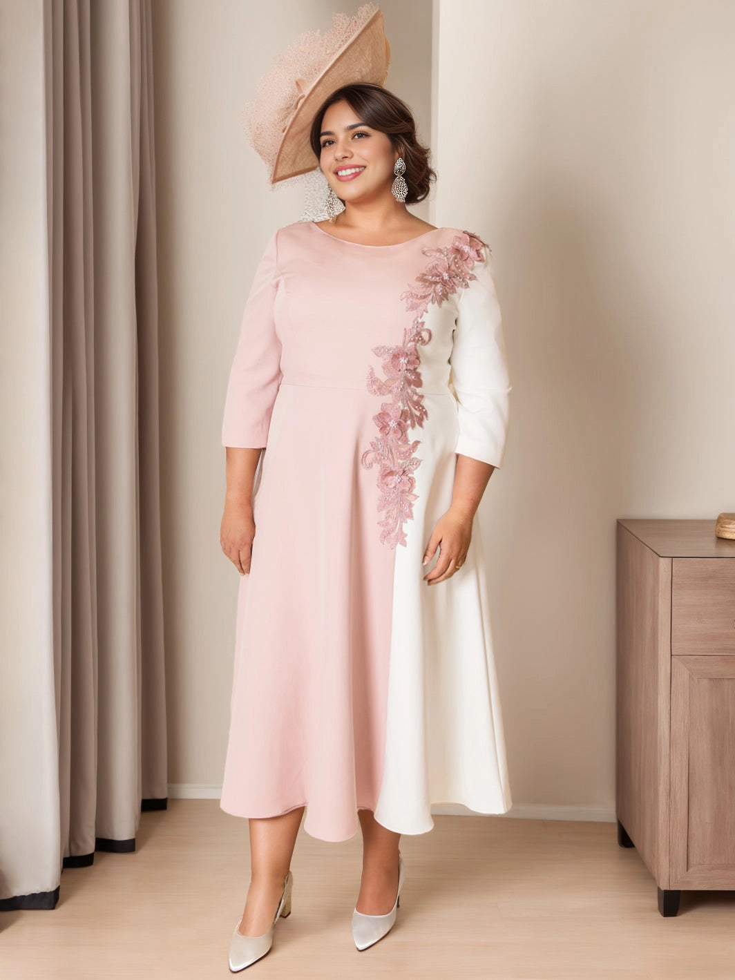 Roselledress pink white color block plus size mother of the bride midi dress 3D floral applique 3/4 sleeve formal dress front view