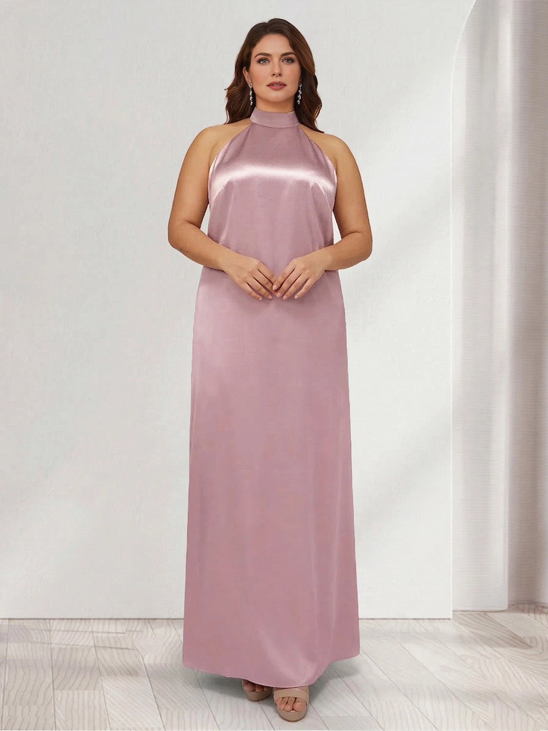 Roselledress dusty rose satin plus size bridesmaid dress front view, halter neck sleeveless column long gown for formal wedding