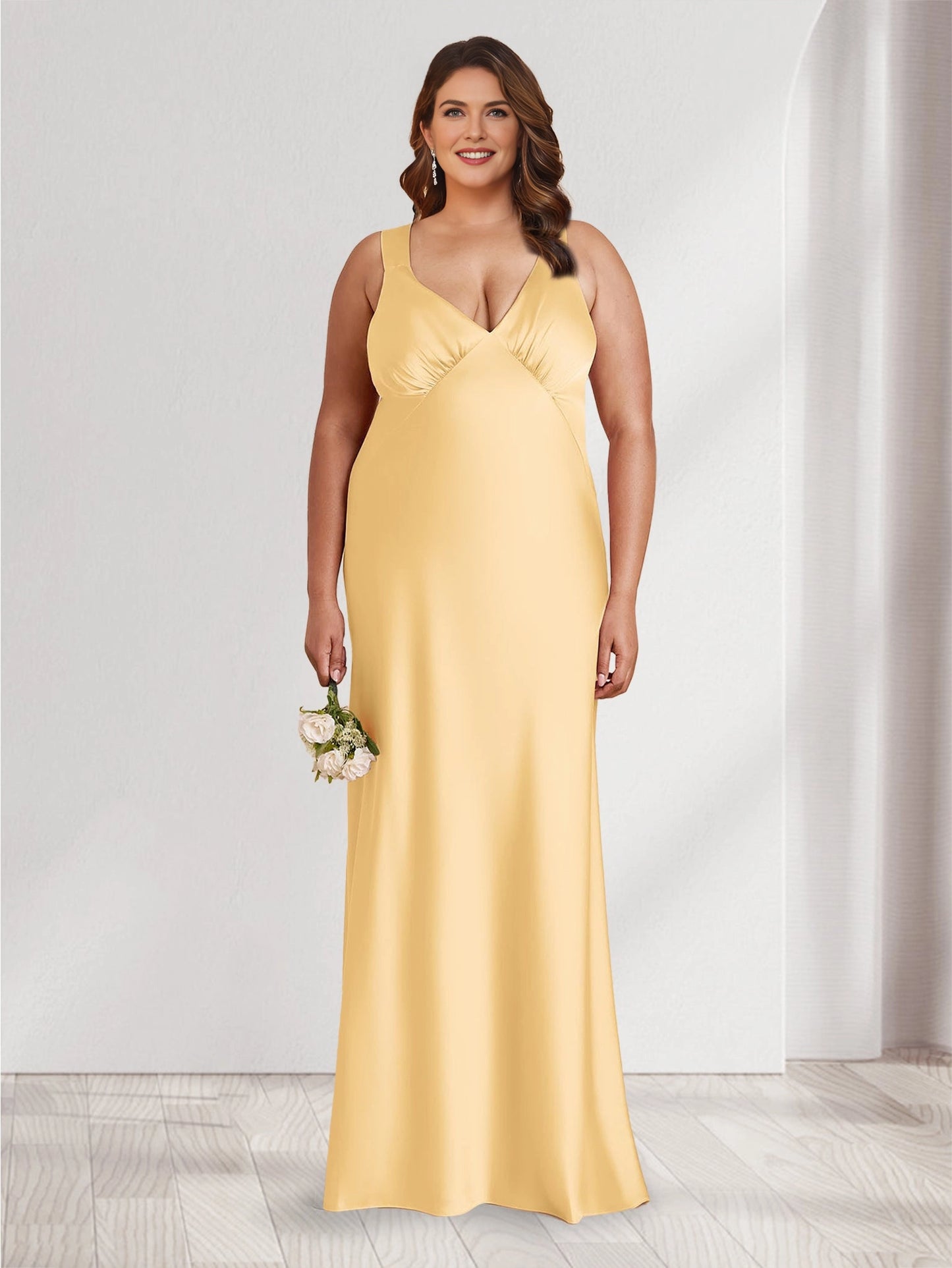 Roselledress pale yellow plus size maternity bridesmaid dress sleeveless v-neck gathered bust satin mermaid gown front view