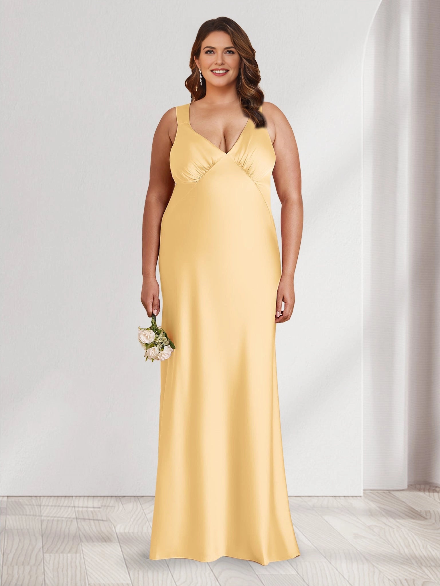 Roselledress pale yellow plus size maternity bridesmaid dress sleeveless v-neck gathered bust satin mermaid gown front view