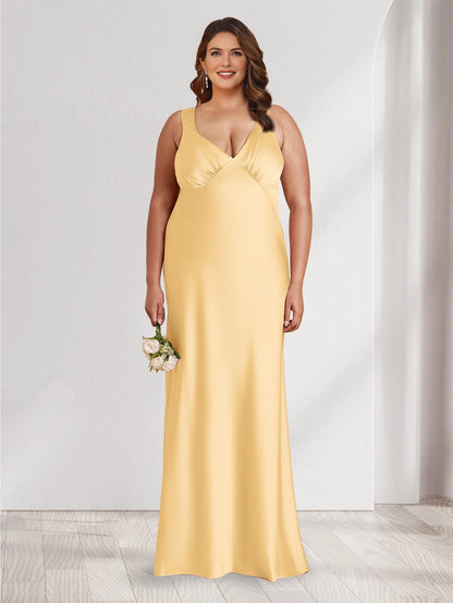 Roselledress pale yellow plus size maternity bridesmaid dress sleeveless v-neck gathered bust satin mermaid gown front view