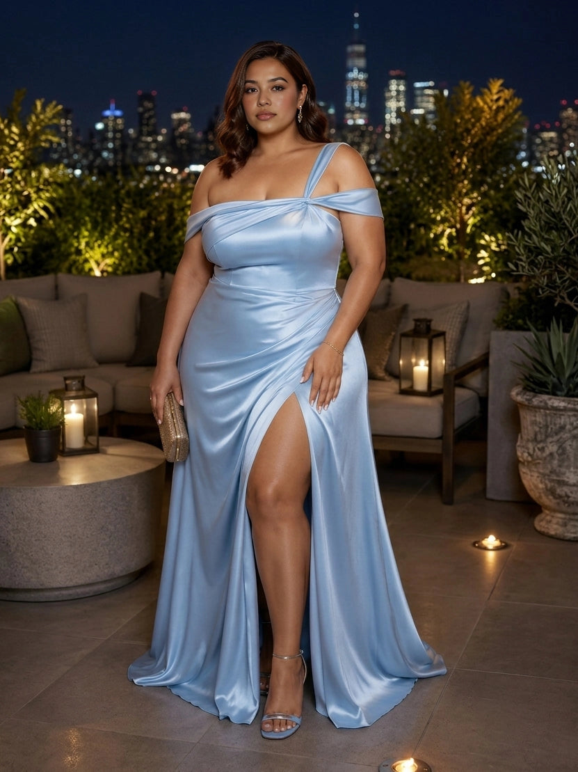 Roselledress light blue plus size bridesmaid dress asymmetrical off shoulder slit satin mermaid gown front view