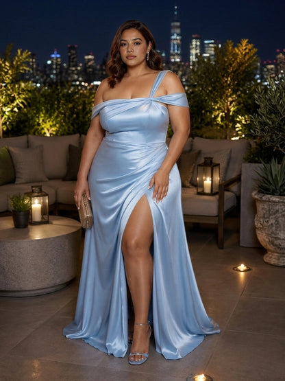 Roselledress light blue plus size bridesmaid dress asymmetrical off shoulder slit satin mermaid gown front view