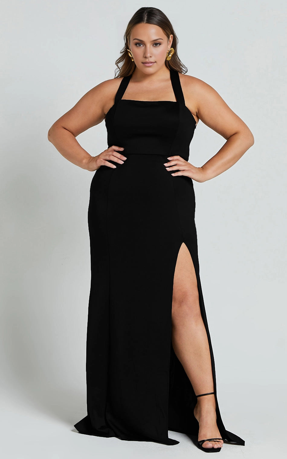 Roselledress black plus size mermaid maxi bridesmaid dress halter square neck thigh high slit evening gown front view