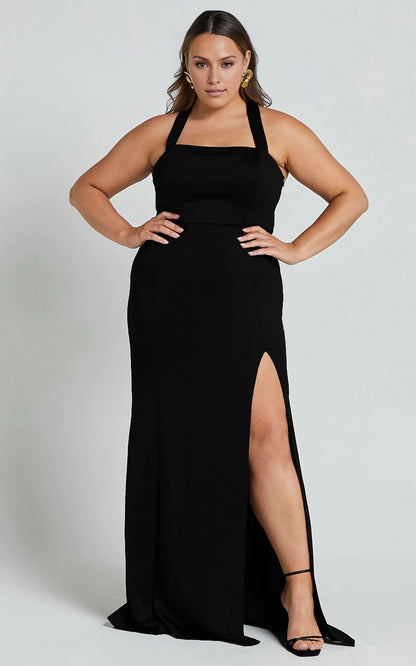 Roselledress black plus size mermaid maxi bridesmaid dress halter square neck thigh high slit evening gown front view
