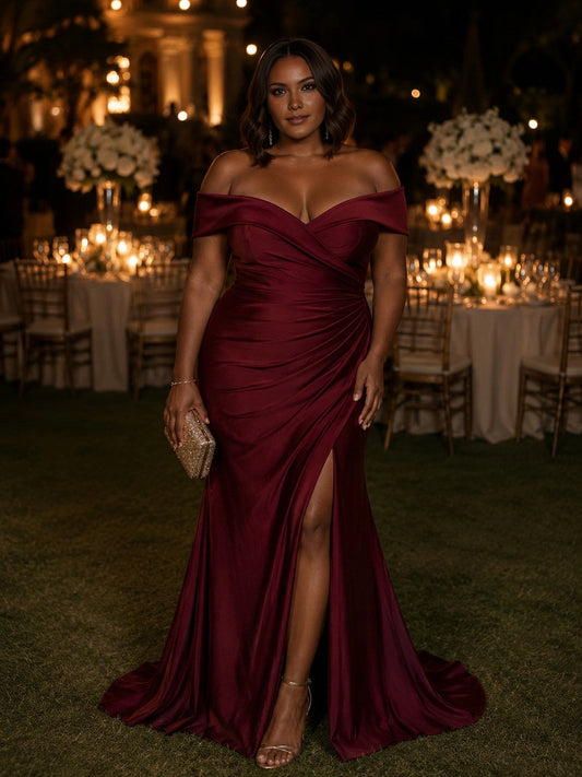 Roselledress burgundy satin plus size wedding guest dress front view, off shoulder ruched mermaid gown with high thigh slit