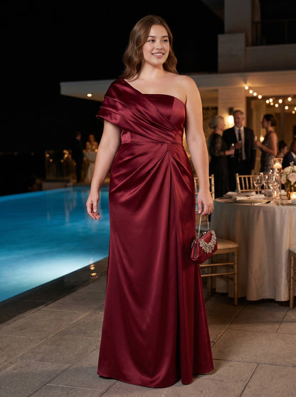 Roselledress burgundy satin plus size evening dress front view, one shoulder draped mermaid long formal gown